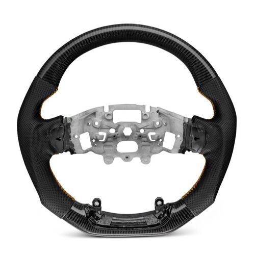 Trimmed Co. Carbon Fiber w/ Perforated Leather Grip Steering Wheel - Wildtrak LUX Yellow Stitching (Next Gen Ranger / Everest)